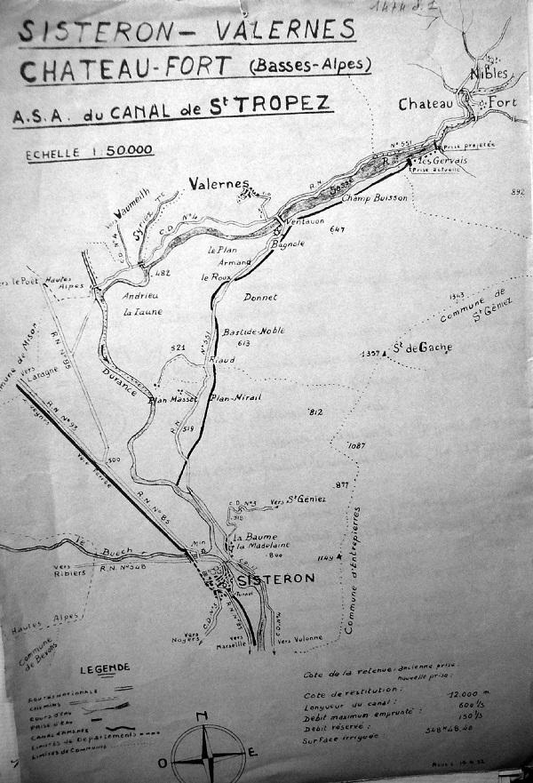 Plan du canal daté du 16 juin 1952 figurant l'ancienne et la nouvelle prise d'eau ainsi que la nouvelle arrivée du canal raccourcie (trait noir)